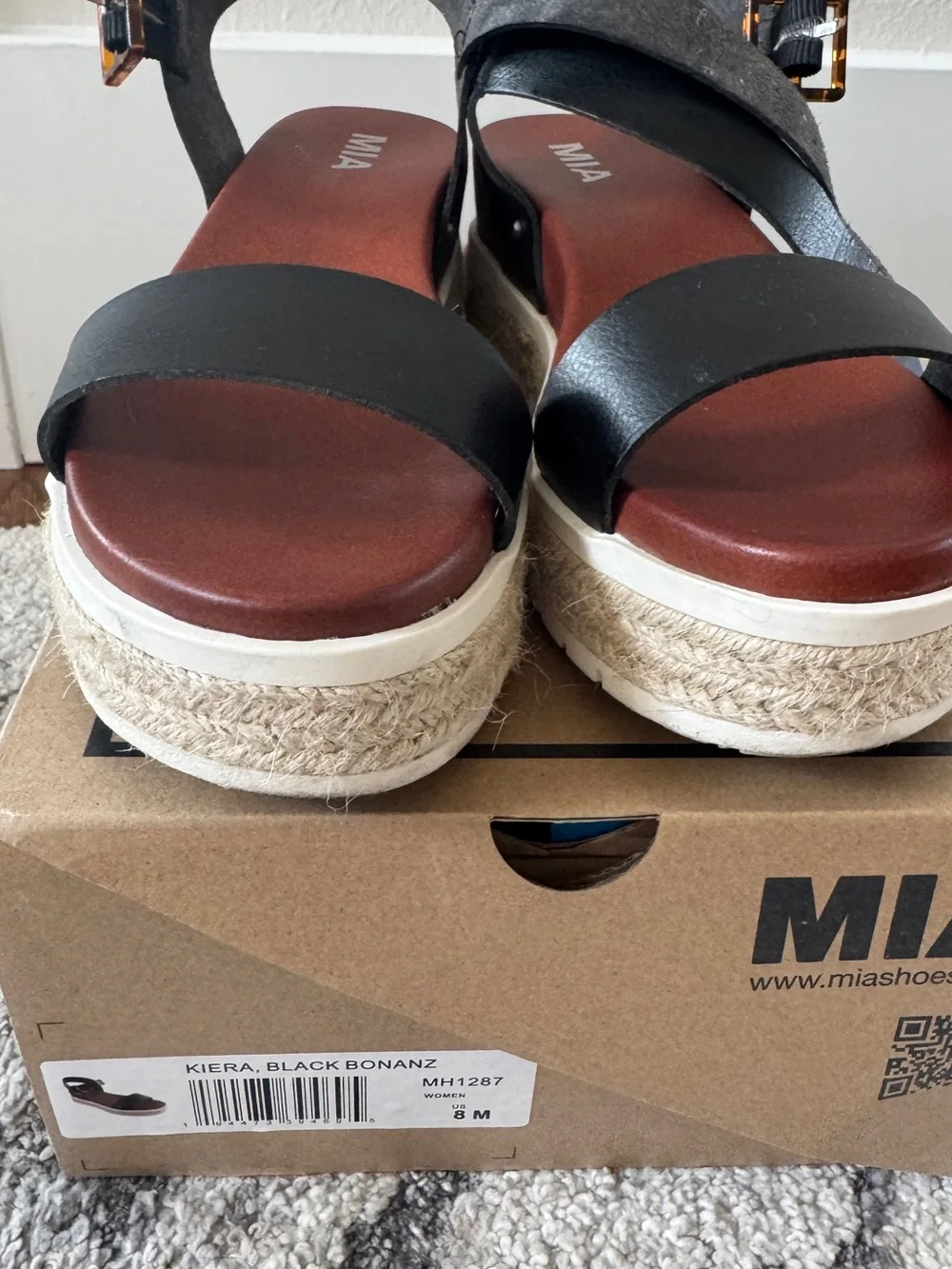 MIA Black Leather Platform Espadrille Sandal with Brown Footbed